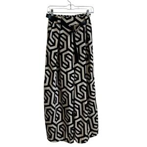 Italy Moda Maxi pants‎ Print Belted High Waist Flowy Black Beige small